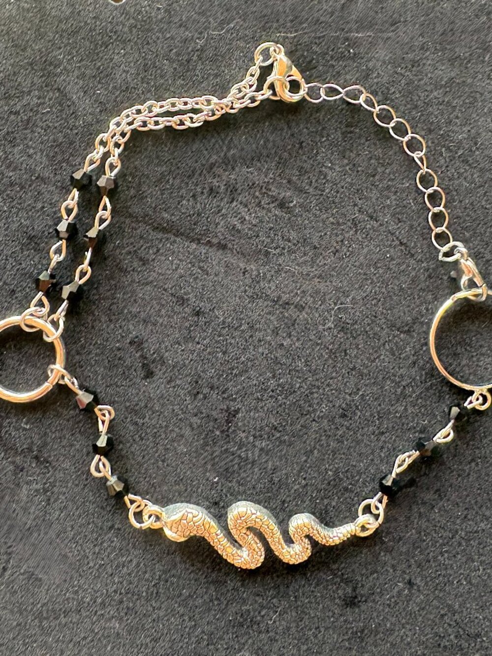 Snake Ankle Bracelet with Black Glass Beads